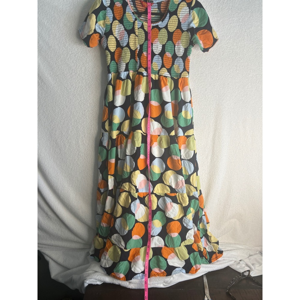 Minelli Womens Smocked Tiered Maxi Dress Abstract Polka Dot Short Sleeve Multi M
